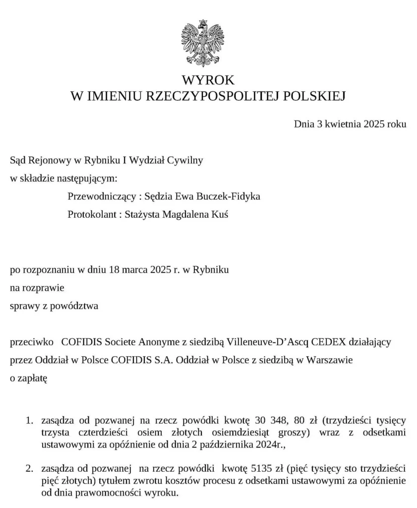 Judgment of the District Court in Rybnik in the case against Cofidis – the "free credit" sanction